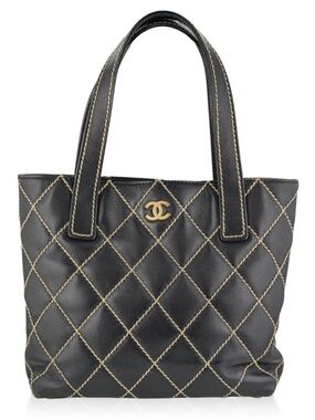 Authentic Women CHANEL Wild Stitch Surpique Tote Handbag, Black color Leather